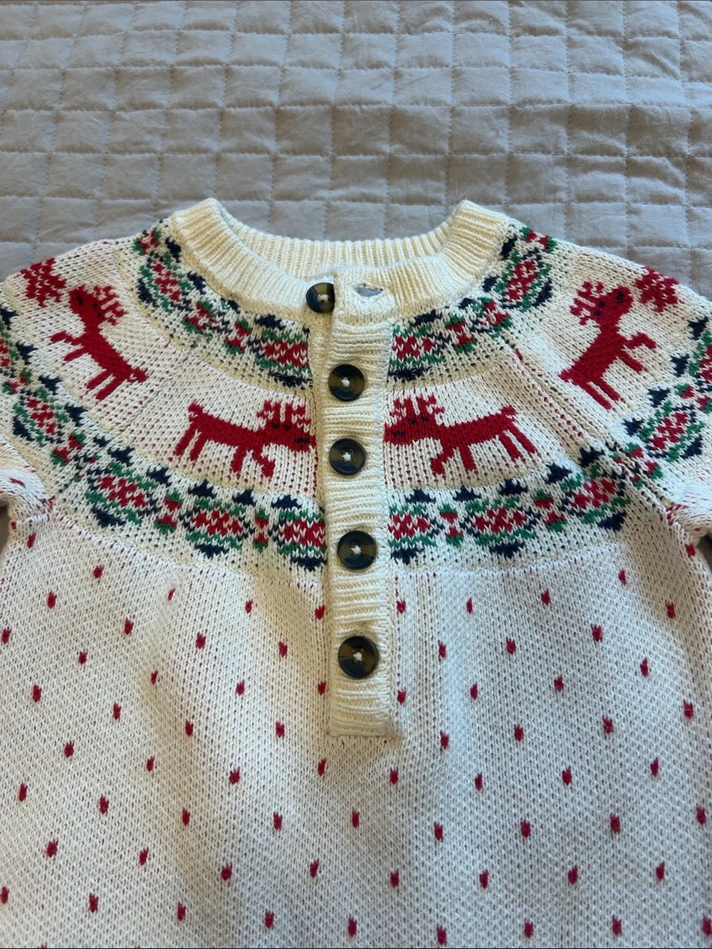 Hanna Andersson Cream Knit One-Piece with Red Reindeer Yoke